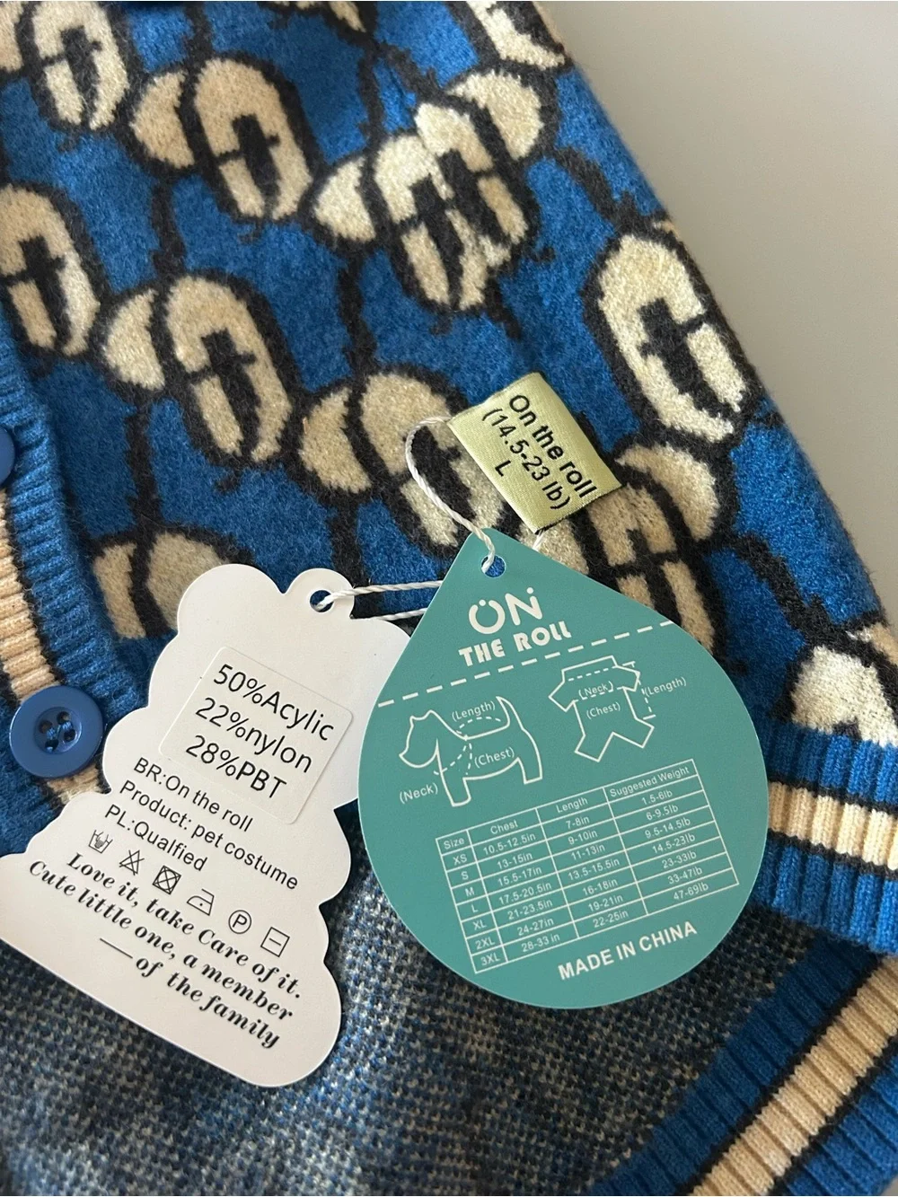 NWT On The Roll Luxury Monogram Dog Cardigan Sweater - Blue/Cream - Size Large